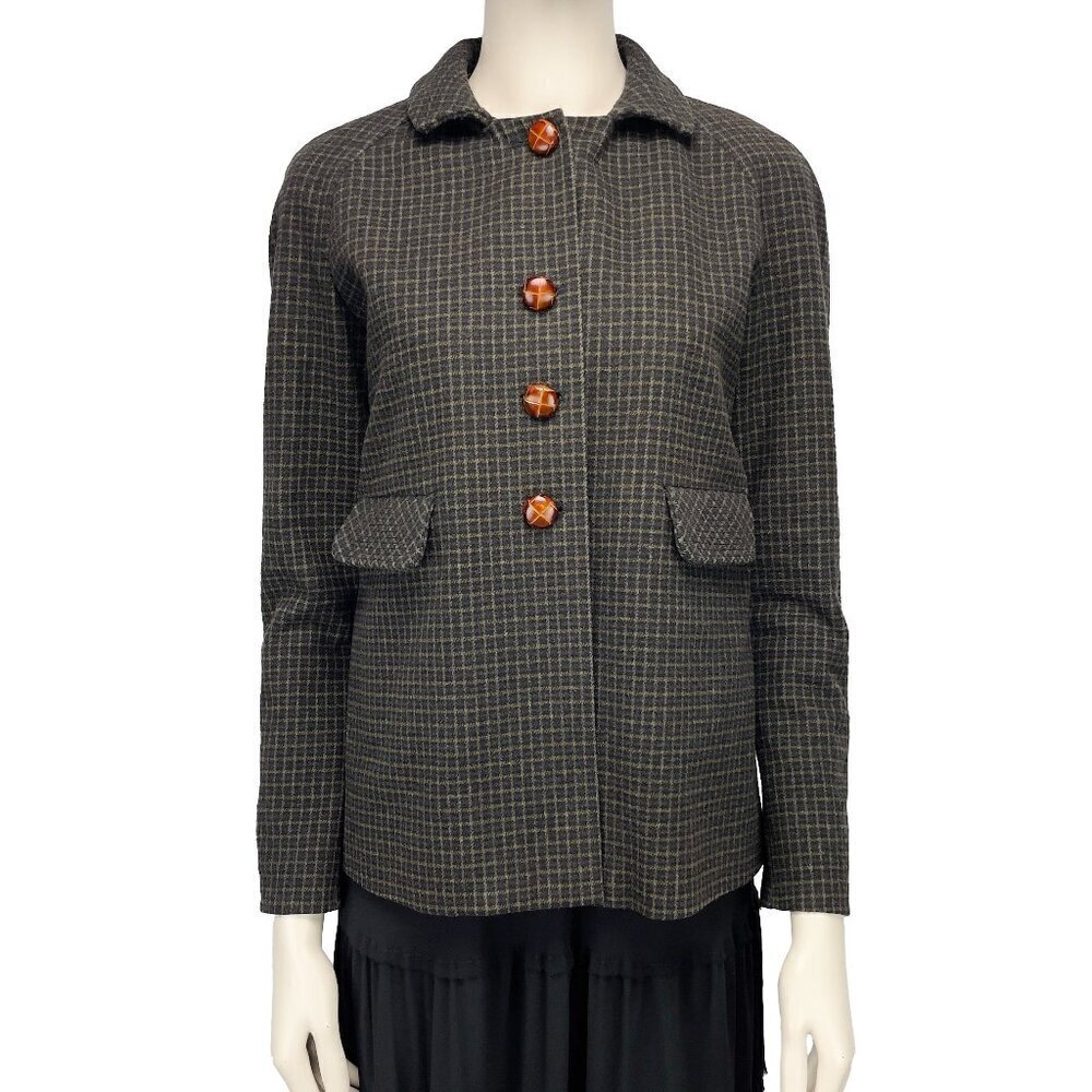 SEE BY CHLOE VTG Green Checked Tweed Wool‎ Blend BlazerJacket 3D Button